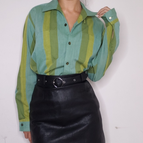 Vintage Koratron button down shirt green stripes - Picture 2 of 3